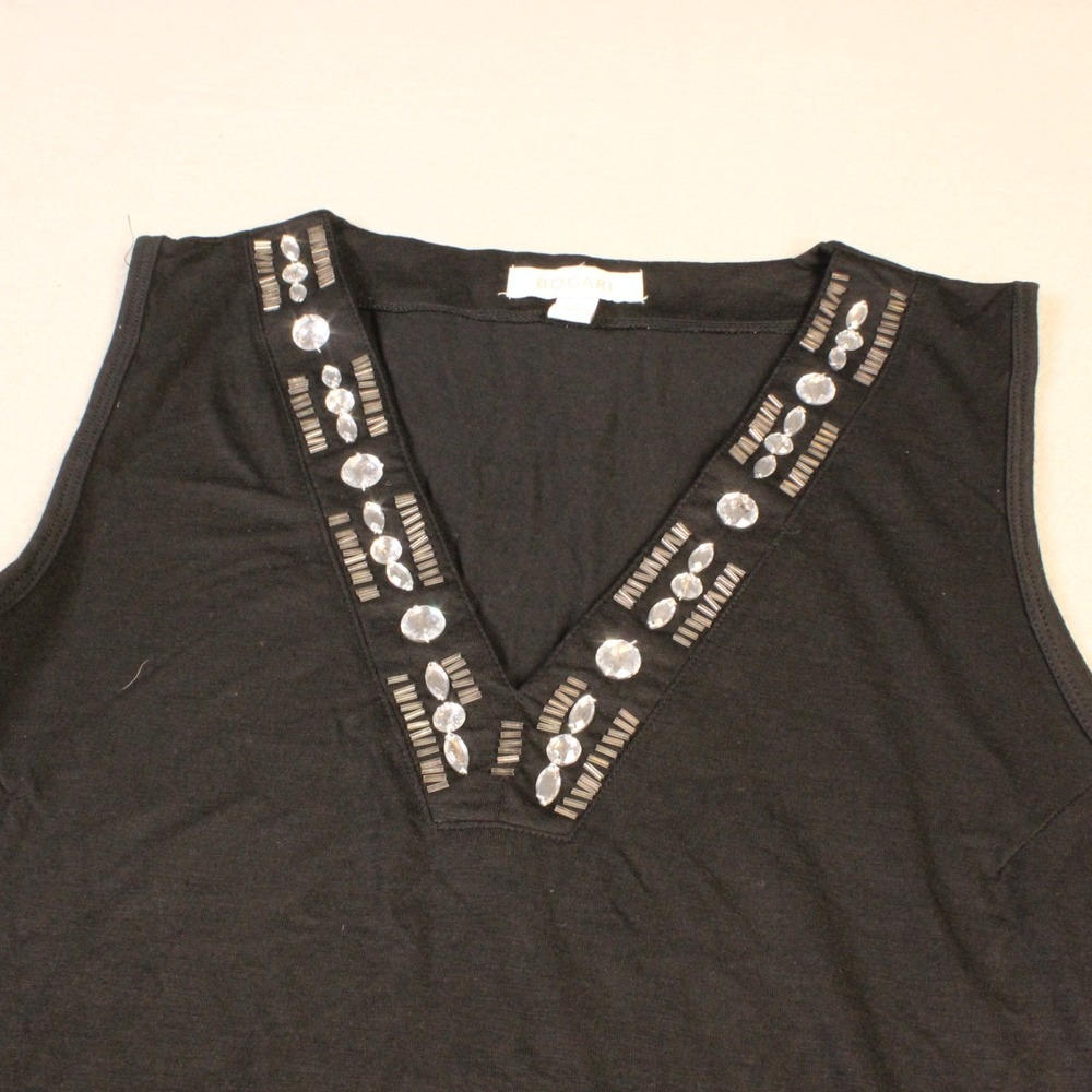 Bogari Womens Black Silk Blend Tank Top L Beaded Embroidered Neckline Sleeveless